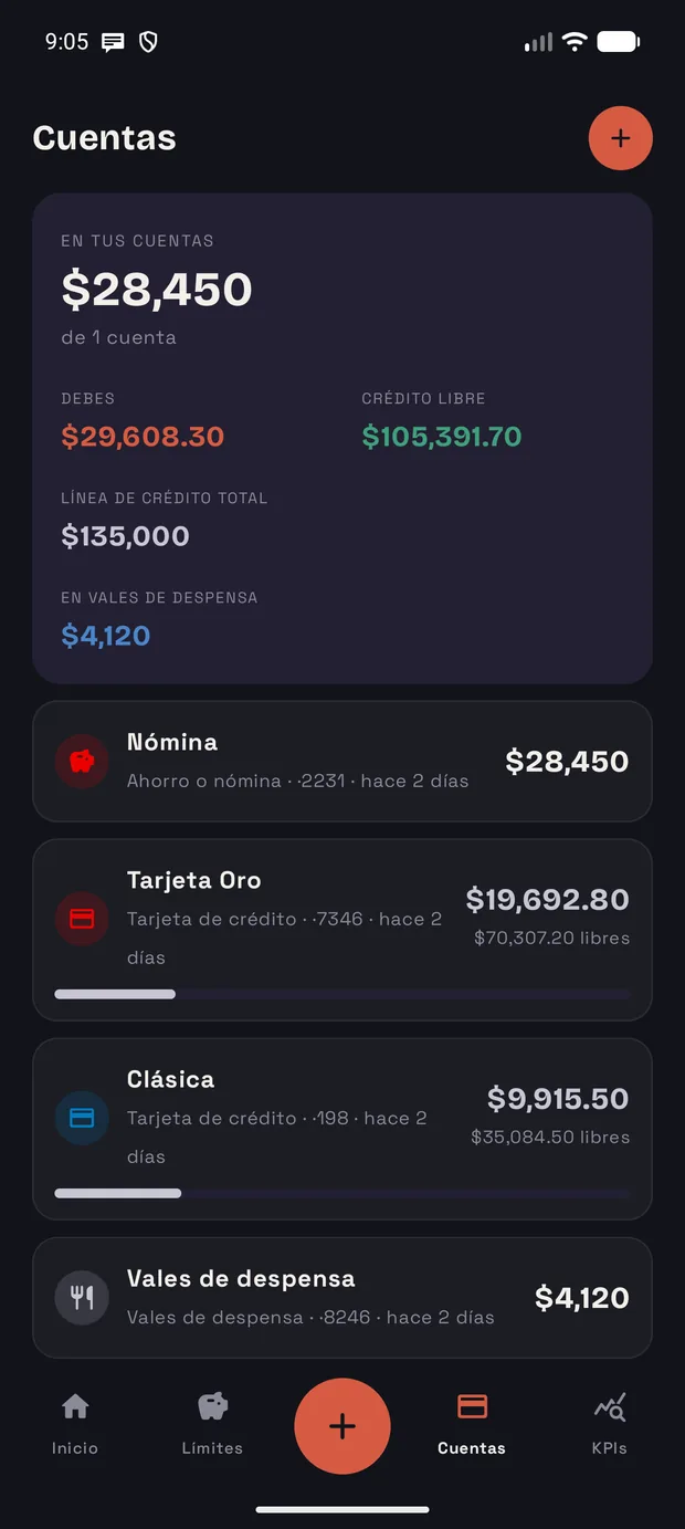 Pantalla de cuentas de WMM con los saldos de débito, crédito y vales.